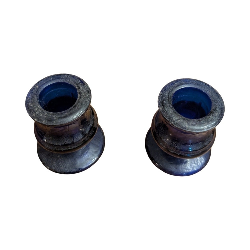 Vintage Pair Small Cobalt Blue Glass Taper Candlestick Holders 2.5" Royal - Picture 2 of 4